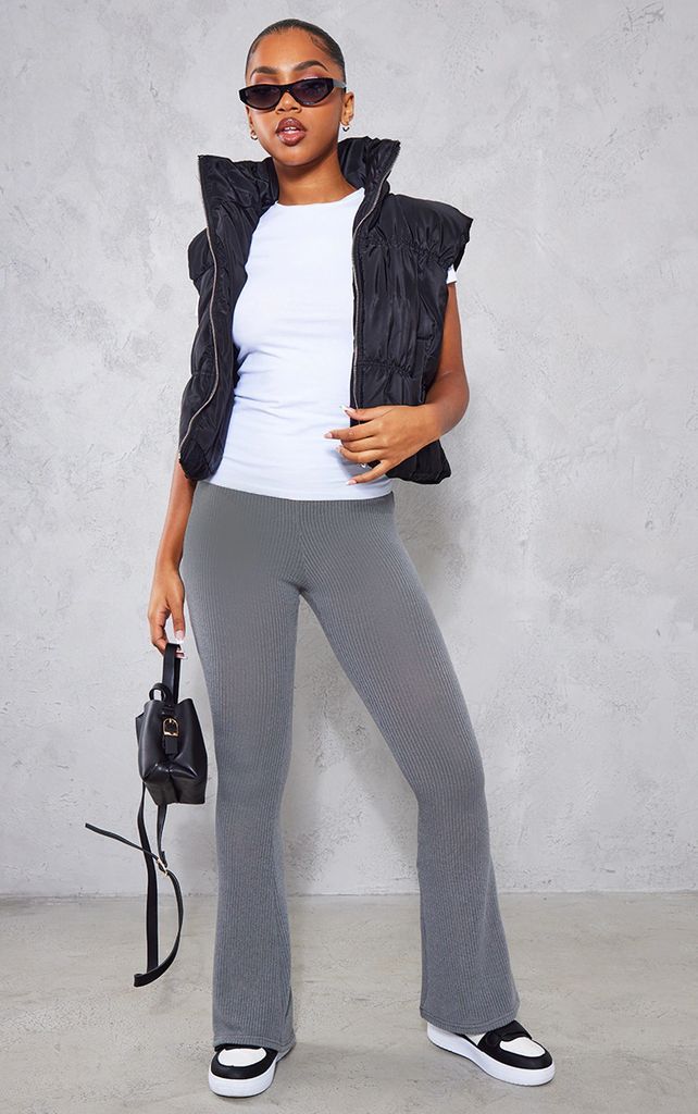 Charcoal Grey Soft Ribbed Flared Trousers