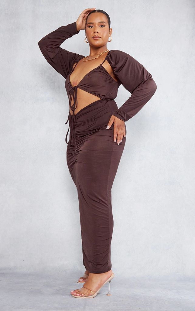 Plus Chocolate Slinky Cut Out Ruched Maxi Dress, Chocolate