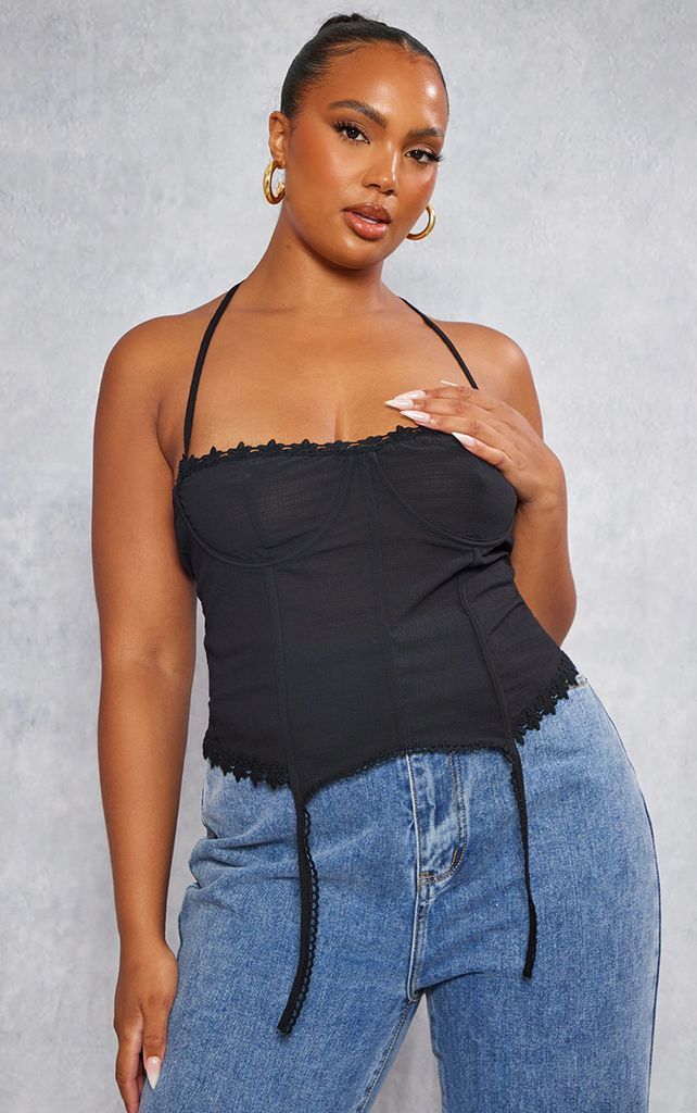 Plus Black Textured Suspender Detail Corset Top, Black