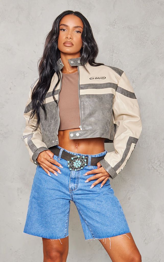 Stone Cropped Distressed Faux Leather Racer Jacket, White