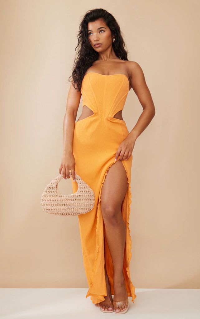 Tangerine Textured Corset Cut Out Lace Up Maxi Dress, Tangerine