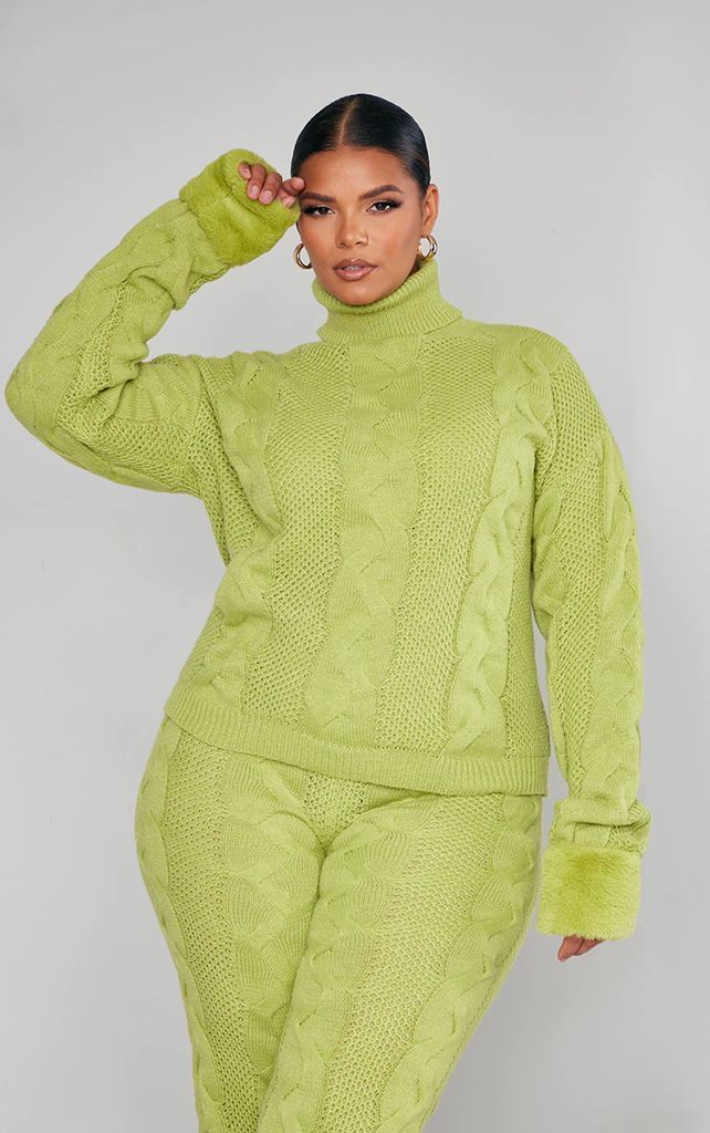Plus Green Cable Knit High Neck Jumper