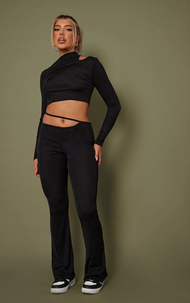 Black Bandage Acetate Rib Cut Out Strap Detail Flared Trousers