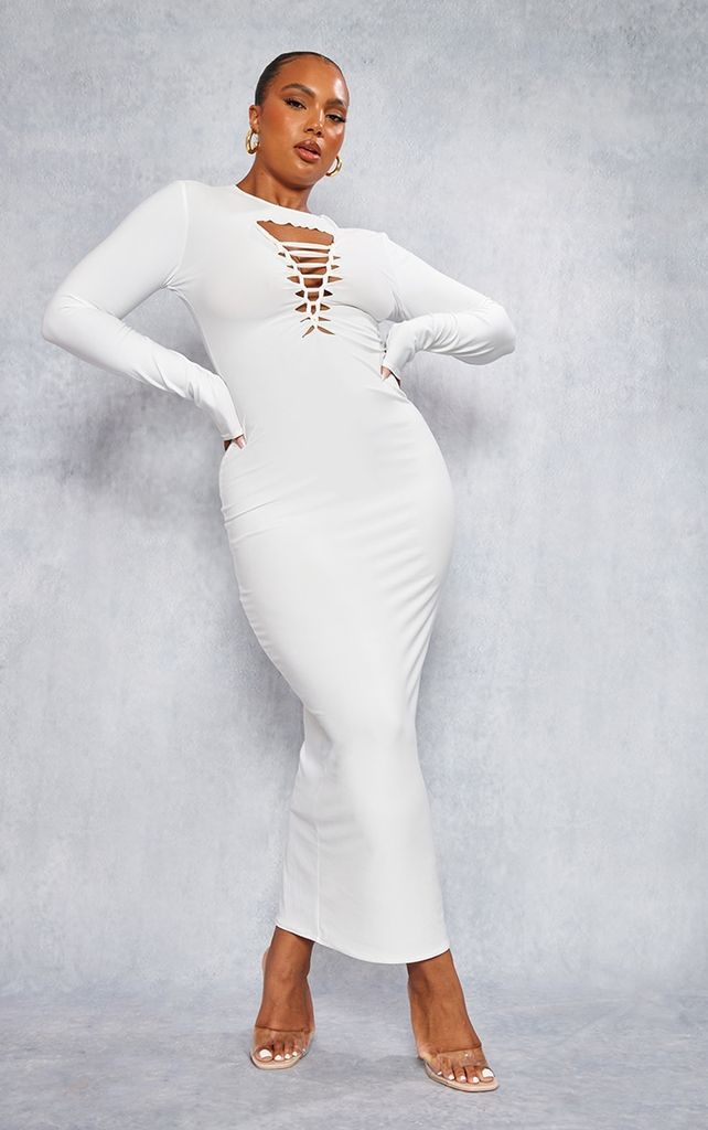 Plus White Laser Cut Long Sleeve Maxi Dress, White
