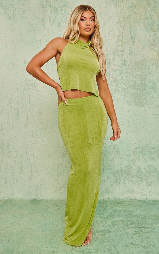 Chartreuse Acetate Slinky Low Rise Maxi Skirt, Chartreuse