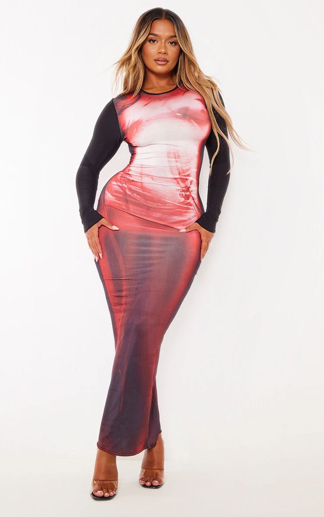 Shape Red Slinky Body Print Long Sleeve Maxi Dress, Red