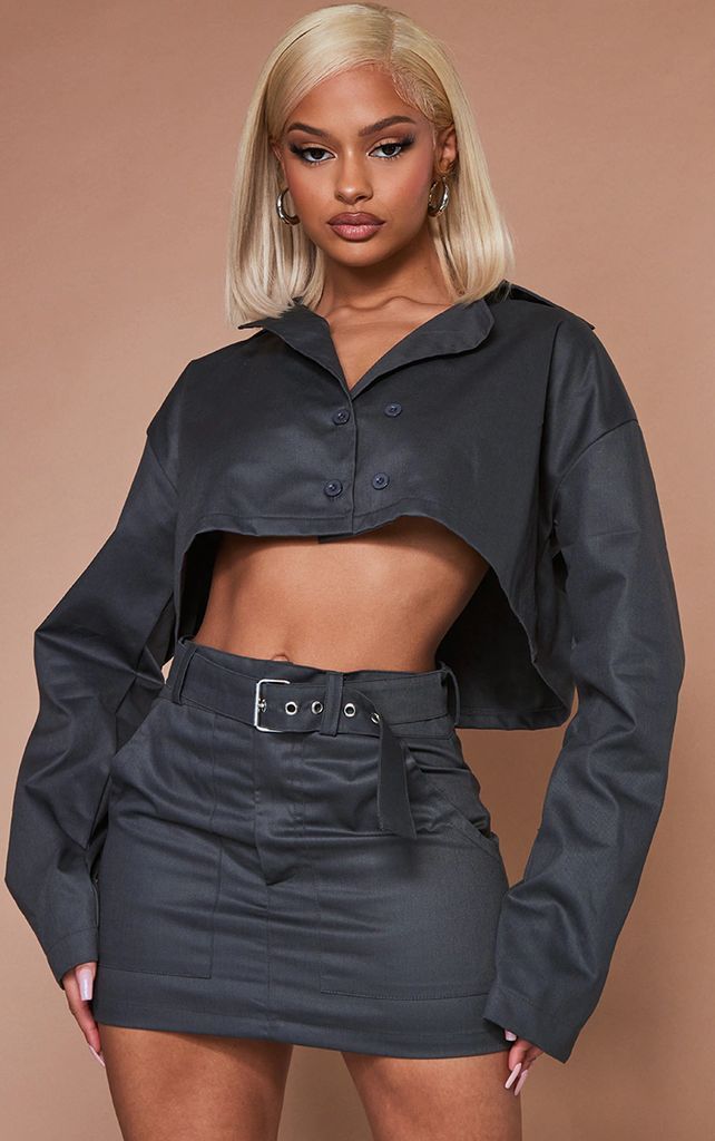Charcoal Twill Oversized Cropped Trench Coat