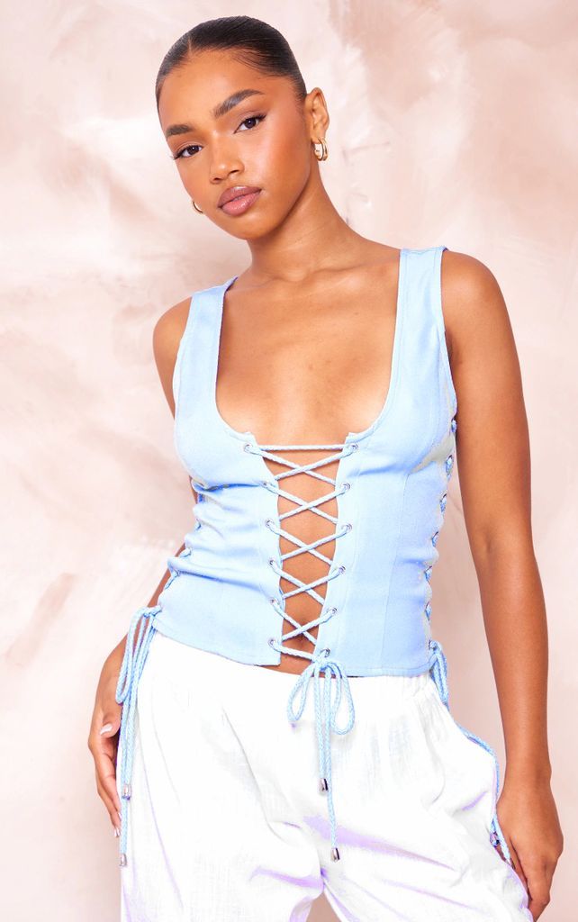 Baby Blue Woven Lace Up Detail Plunge Sleeveless Top, Blue