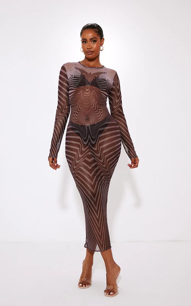 Shape Brown Abstract Print Sheer Mesh Long Sleeve Midaxi Dress, Brown