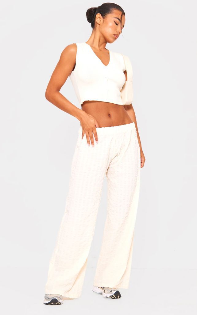 Stone Popcorn Textured Floaty Wide Leg Trousers, White