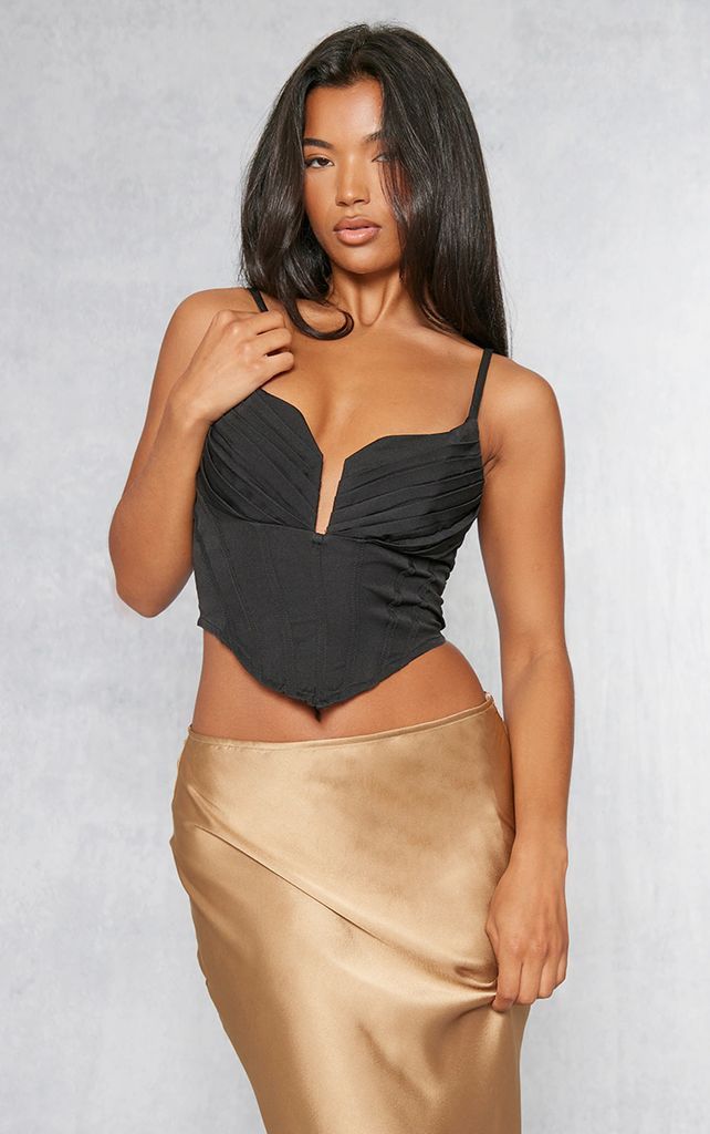 Black Strappy Pleated Bust Corset Detail Crop Top, Black