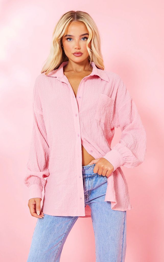 Baby Pink Textured Pocket Front Oversized Shirt, Pink