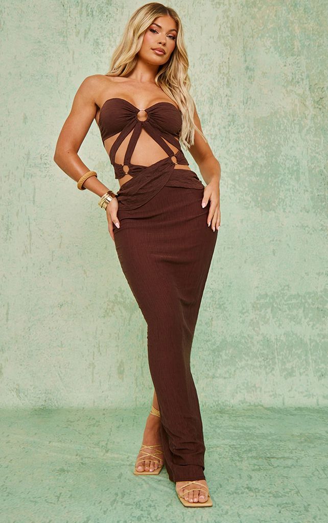 Chocolate Textured Woven Ring Detail Cut Out Bandeau Maxi Dress, Chocolate