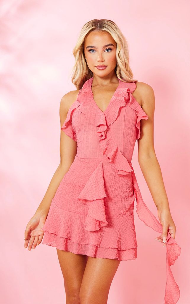 Pink Textured Frill Drape Halterneck Shift Dress, Pink