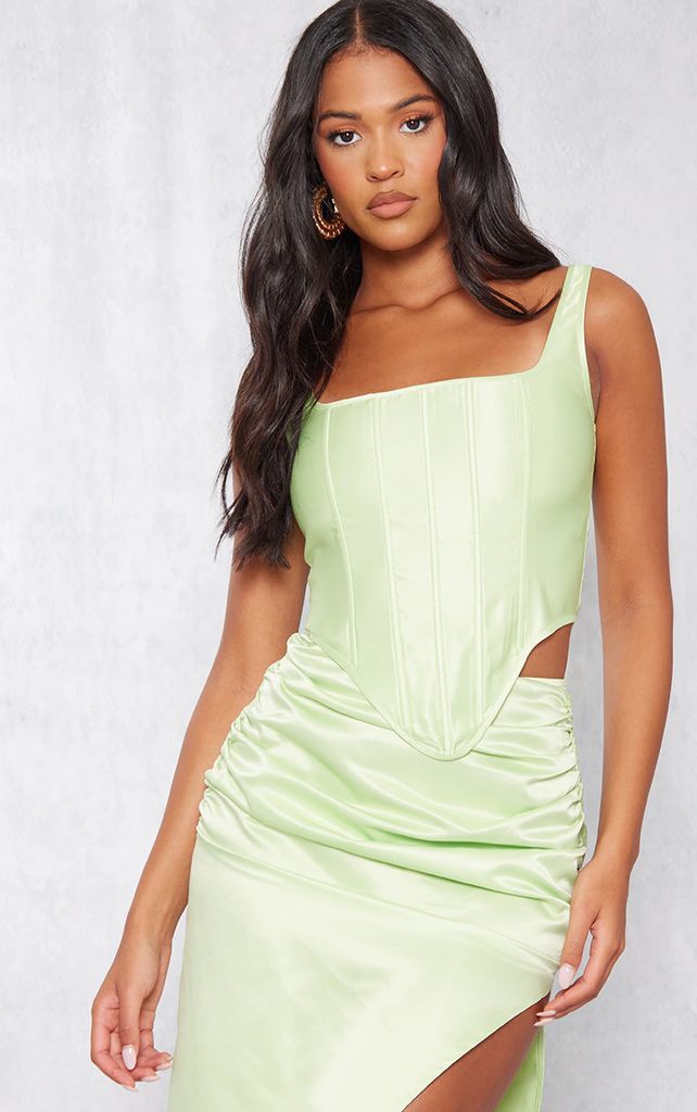Tall Lime Strappy Satin Corset Top, Green