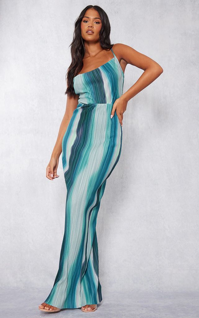 Tall Green Ombre Print Plisse Strappy Maxi Dress, Green