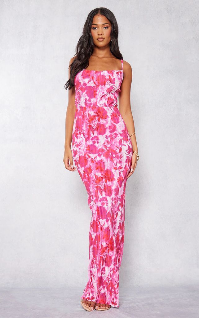 Tall Pink Abstract Floral Print Plisse Strappy Maxi Dress, Pink