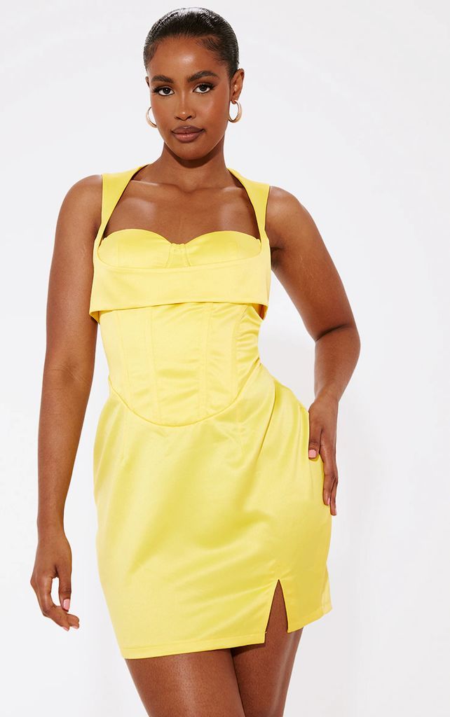 Shape Yellow Structured Satin Corset Detail Mini Dress, Yellow