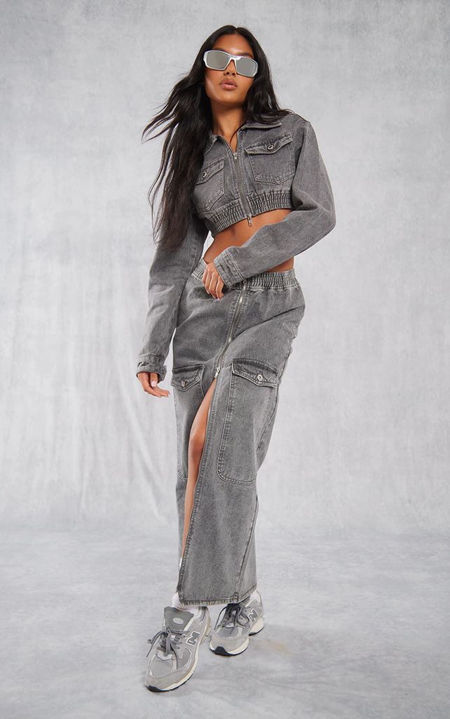 Washed Grey Cargo Pocket Zip Front Midi Denim Skirt, Washed Grey