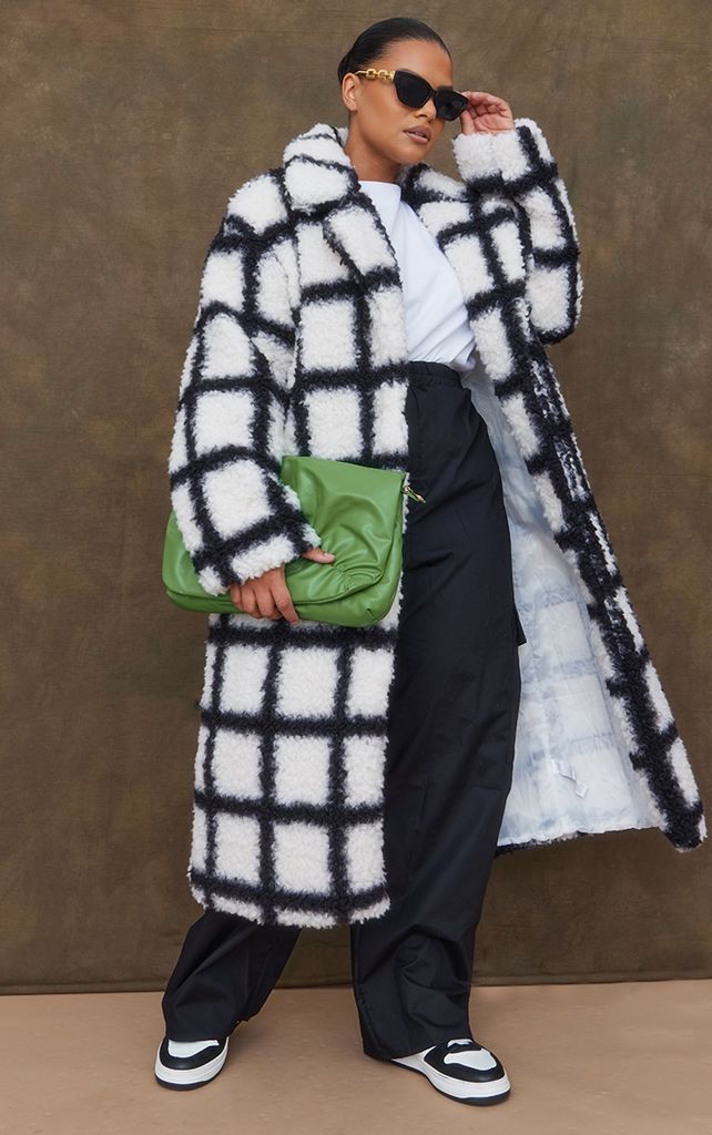 Plus White And Black Checkerboard Faux Shearling Coat, White