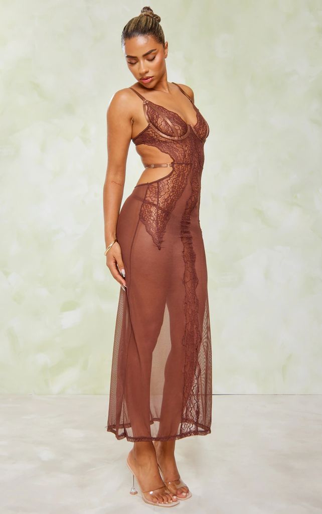 Chocolate Lace Underwired Cut Out Detail Sheer Midaxi Dress, Chocolate