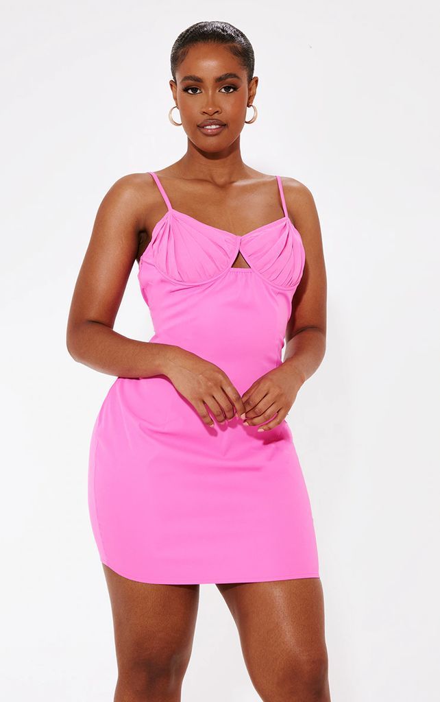Shape Hot Pink Woven Ruched Cup Detail Strappy Mini Dress, Hot Pink