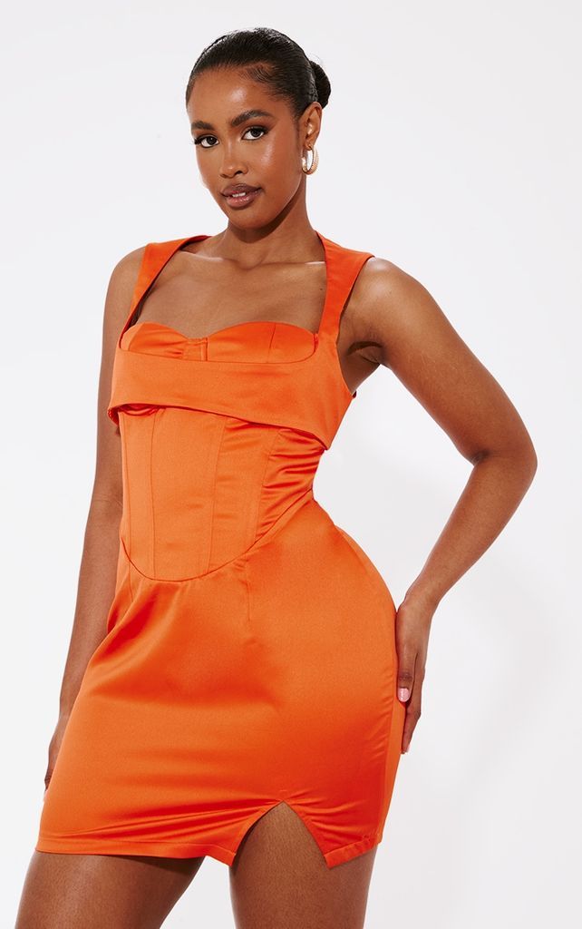 Shape Orange Structured Satin Corset Detail Mini Dress, Orange