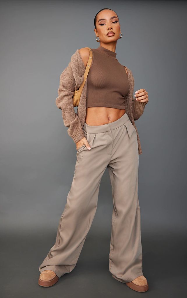 PLT Label Taupe Woven Wide Leg Tailored Trousers