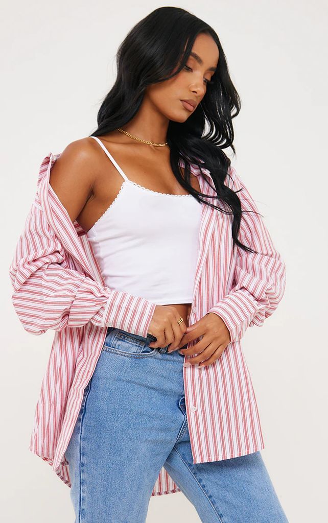 Pink Linen Look Oversized Stripe Shirt, Pink