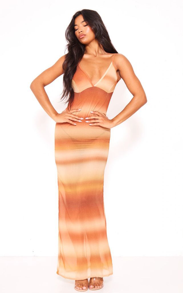 Brown Watercolour Print Strappy Backless Maxi Dress, Brown