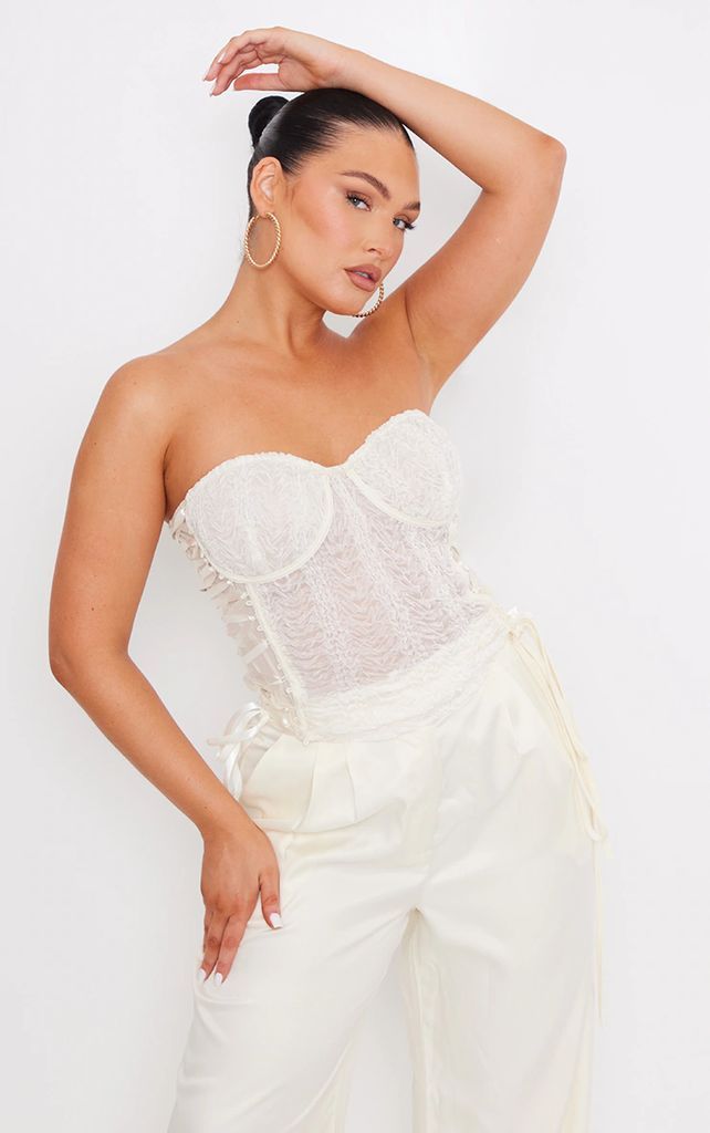 Cream Textured Lace Up Bandeau Corset Top, White