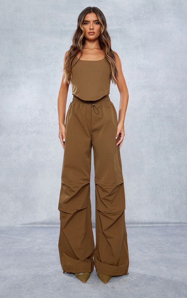 Mocha Shell Toggle Drawstring Ruched Cargo Trousers, Brown