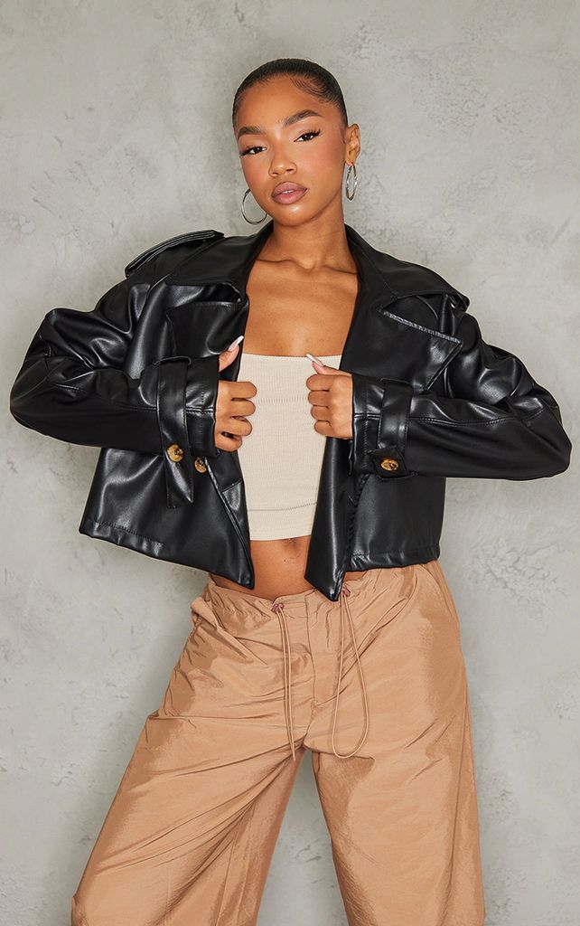Black Faux Leather Cropped Trench, Black