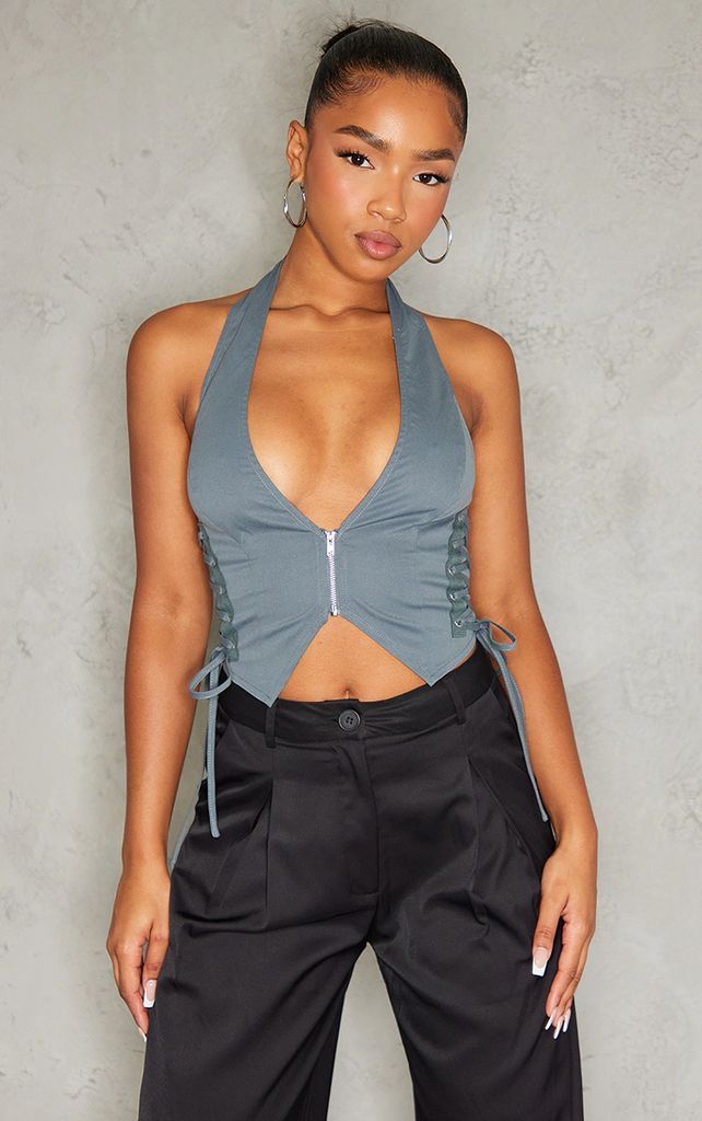 Charcoal Cargo Lace Up Side Zip Up Crop Top, Grey
