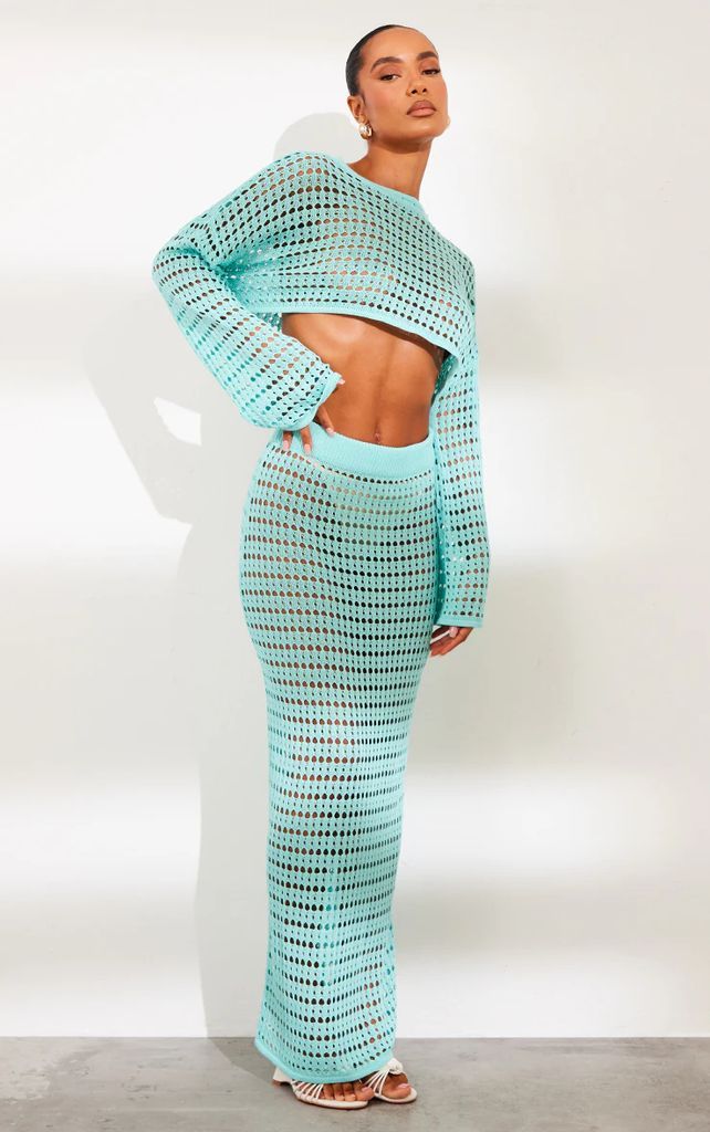 Aqua Crochet Knit Maxi Skirt, Blue