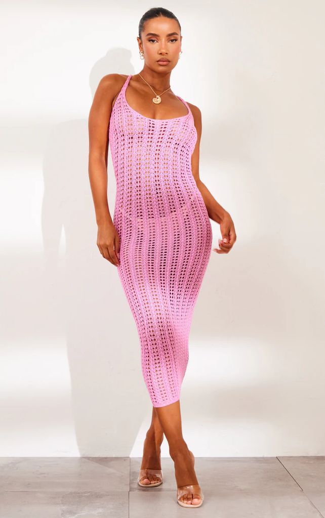 Pink Strappy Crochet Maxi Dress, Pink