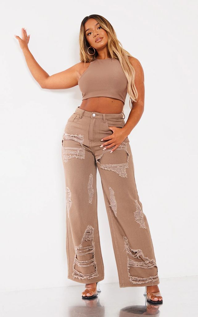 Shape Brown Denim Washed Ripped Wide Leg Jeans, Brown