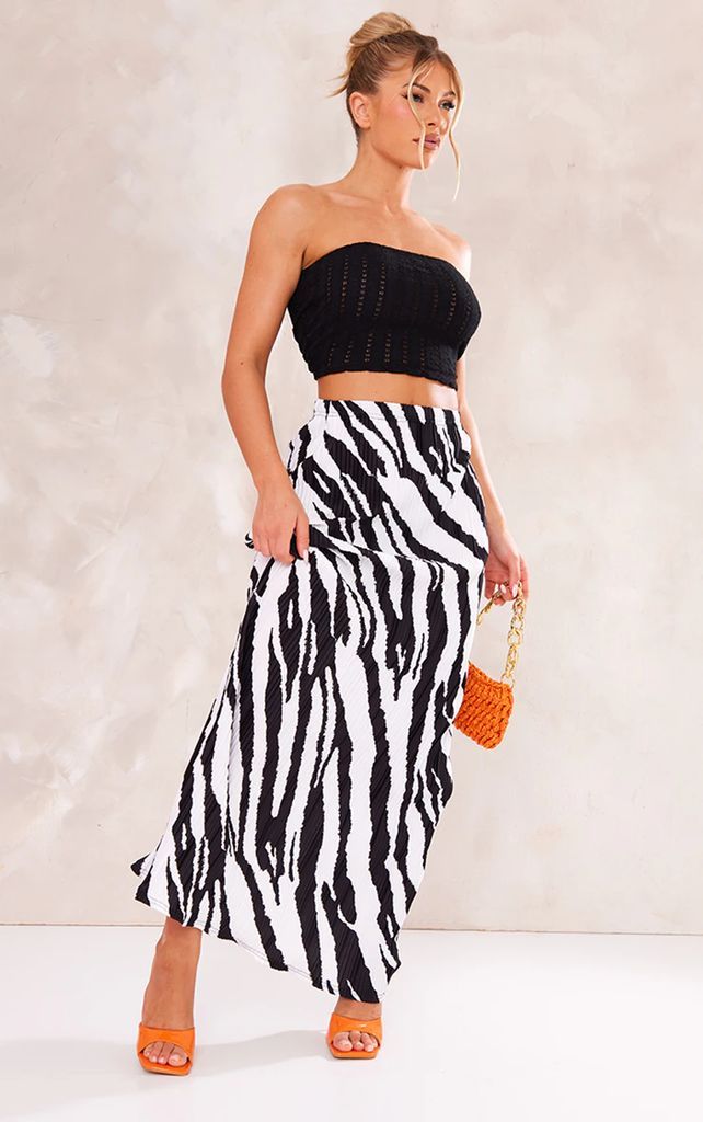 Black Zebra Printed Plisse Maxi Skirt, Black