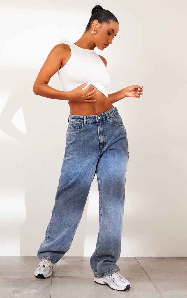 Vintage Mid Wash Dipped Back Waistband Boyfriend Jeans, Vintage Mid Wash
