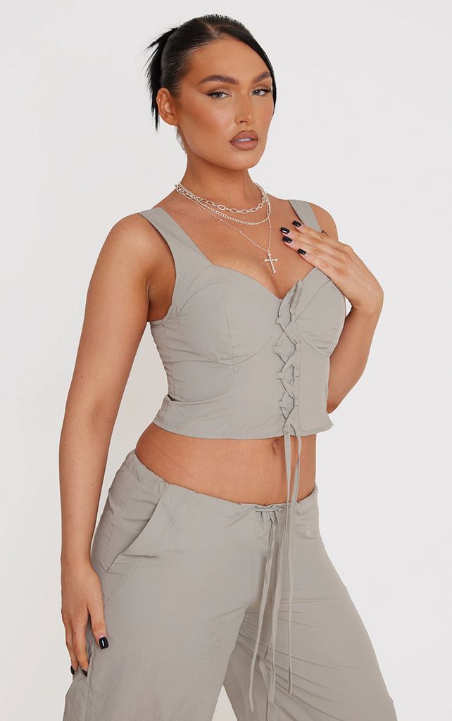 Light Grey Shell Lace Up Front Corset Top