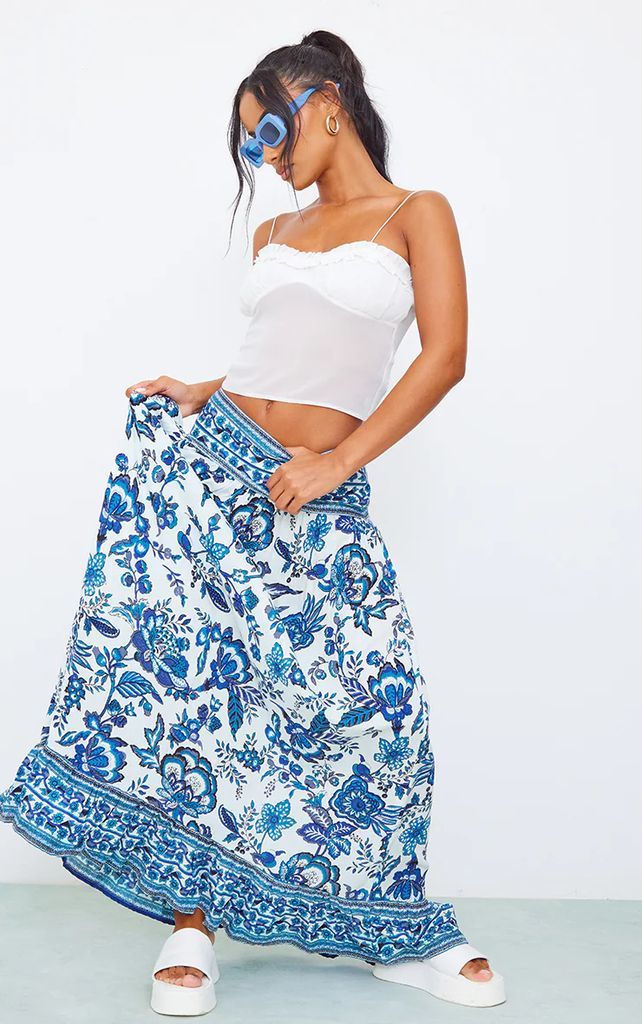 Blue Mosaic Printed Cotton Maxi Skirt, Blue