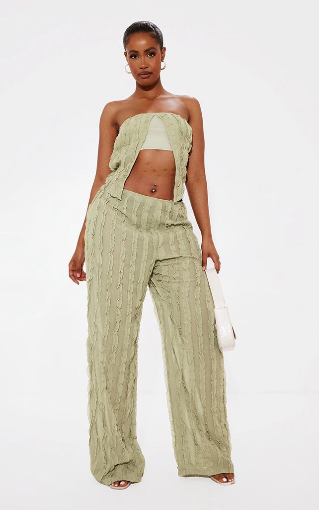 Shape Olive Woven Frill Detail Wide Leg Trousers, Green