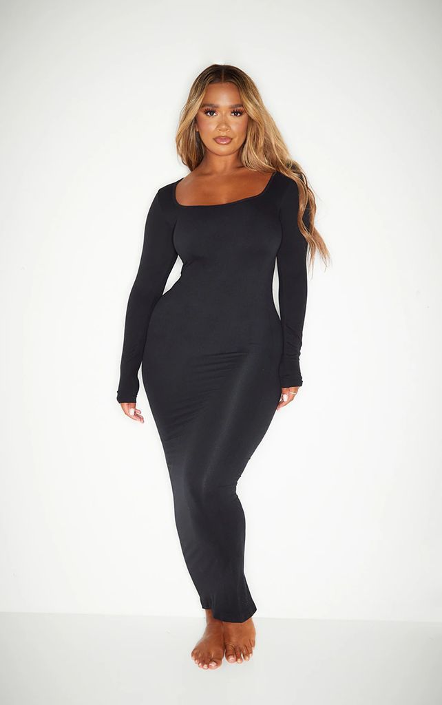 Shape Black Stretch Seamless Long Sleeve Maxi Dress, Black