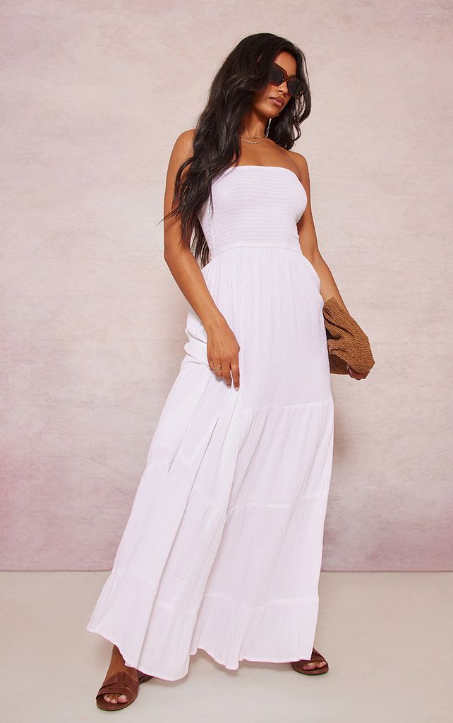 White Textured Shirred Bandeau Tiered Floaty Maxi Dress, White