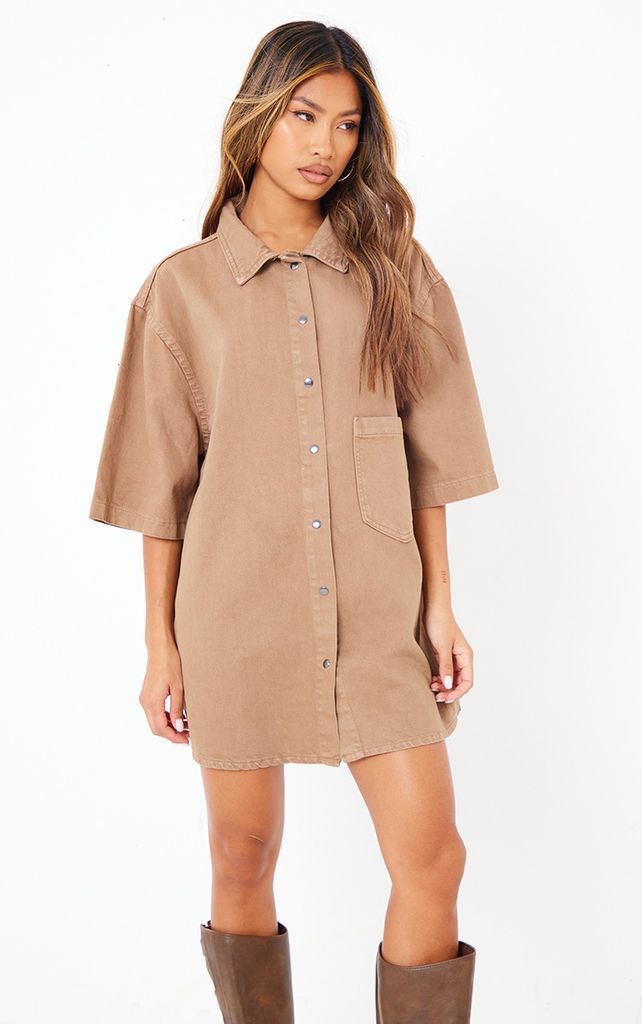Mocha Oversized Denim Shirt Dress, Brown