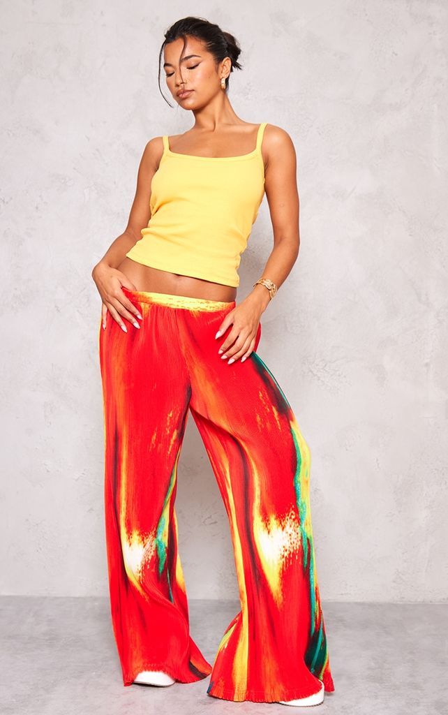 Yellow Sunset Print Plisse High Waisted Wide Leg Trousers, Yellow