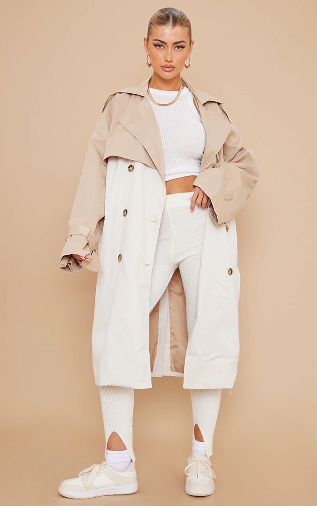 Cream Contrast Oversized Belted Midi Trench