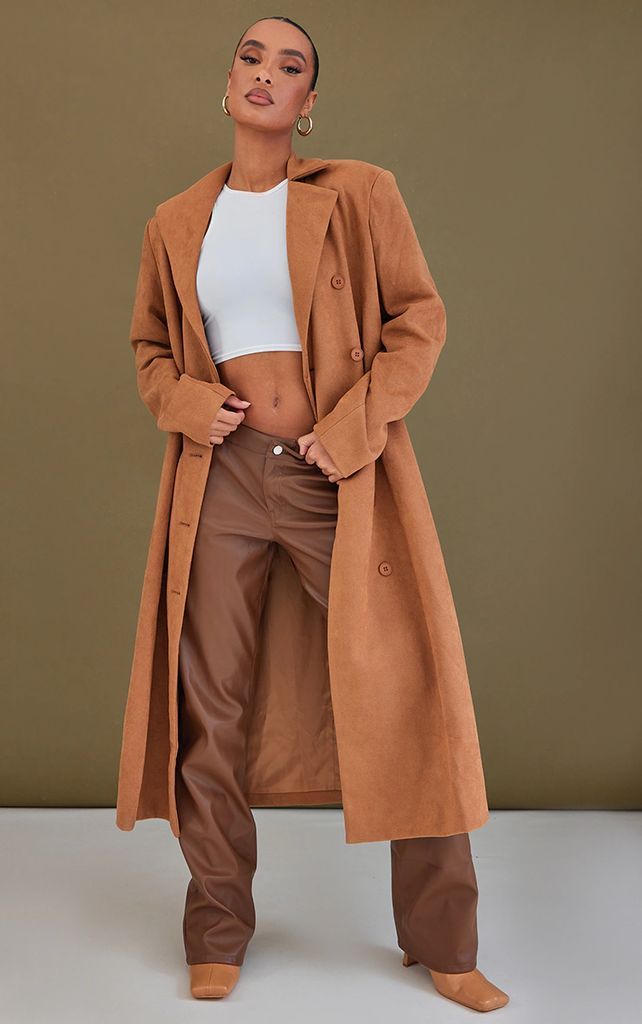 Brown Belted Faux Suede Trench Coat