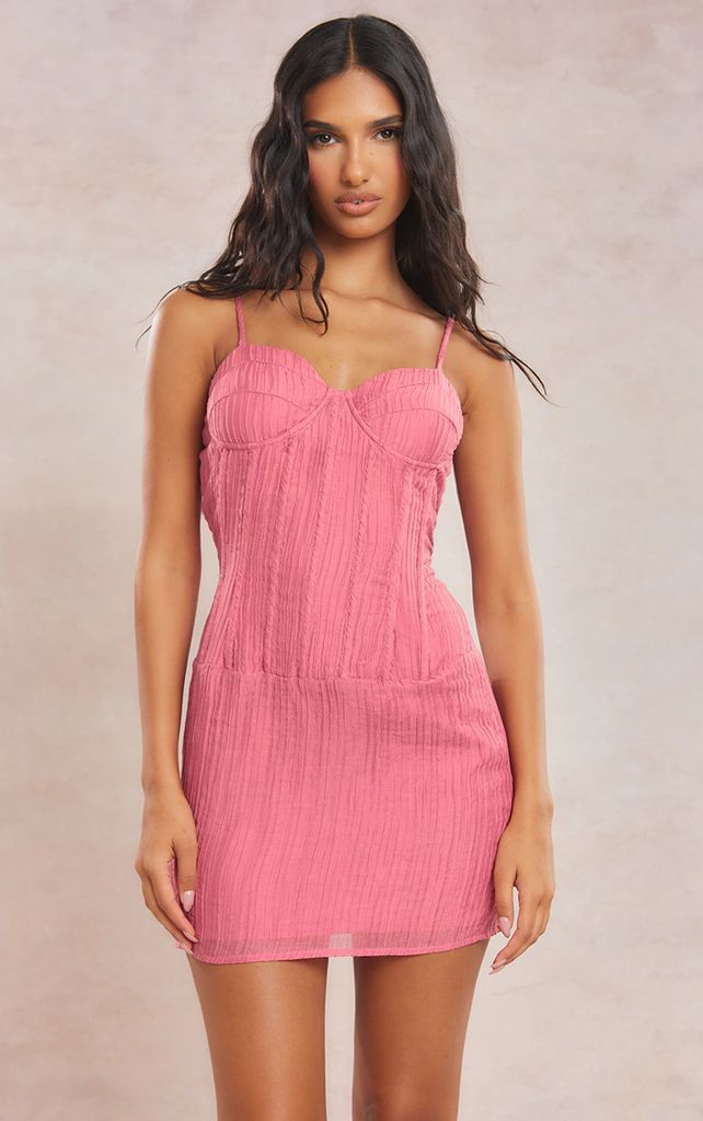 Hot Pink Textured Corset Detail Strappy Bodycon Dress, Hot Pink