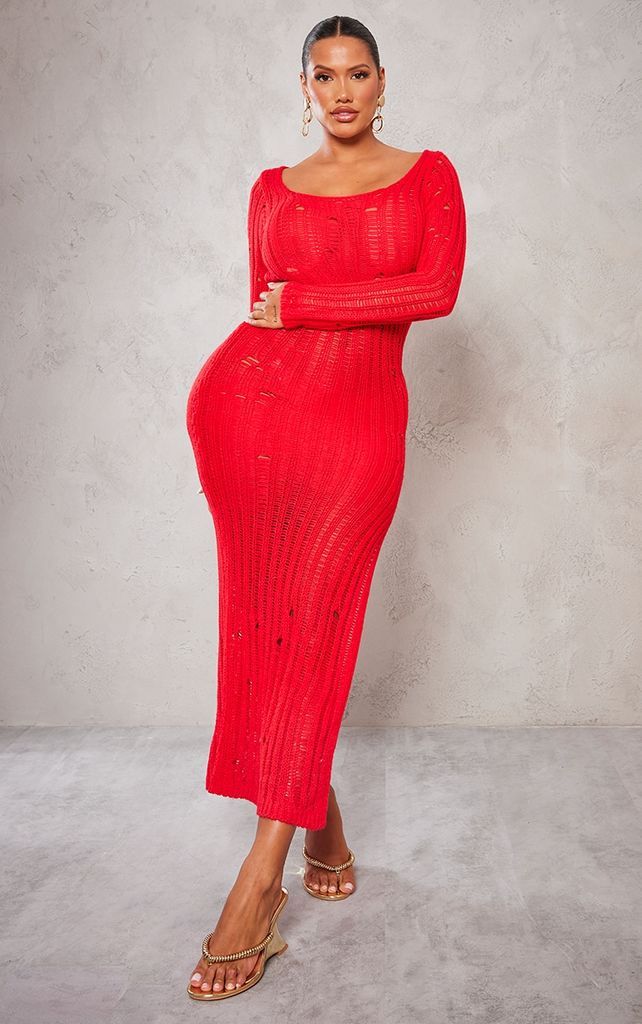 Shape Red Knit Scoop Neck Long Sleeve Maxi Dress, Red